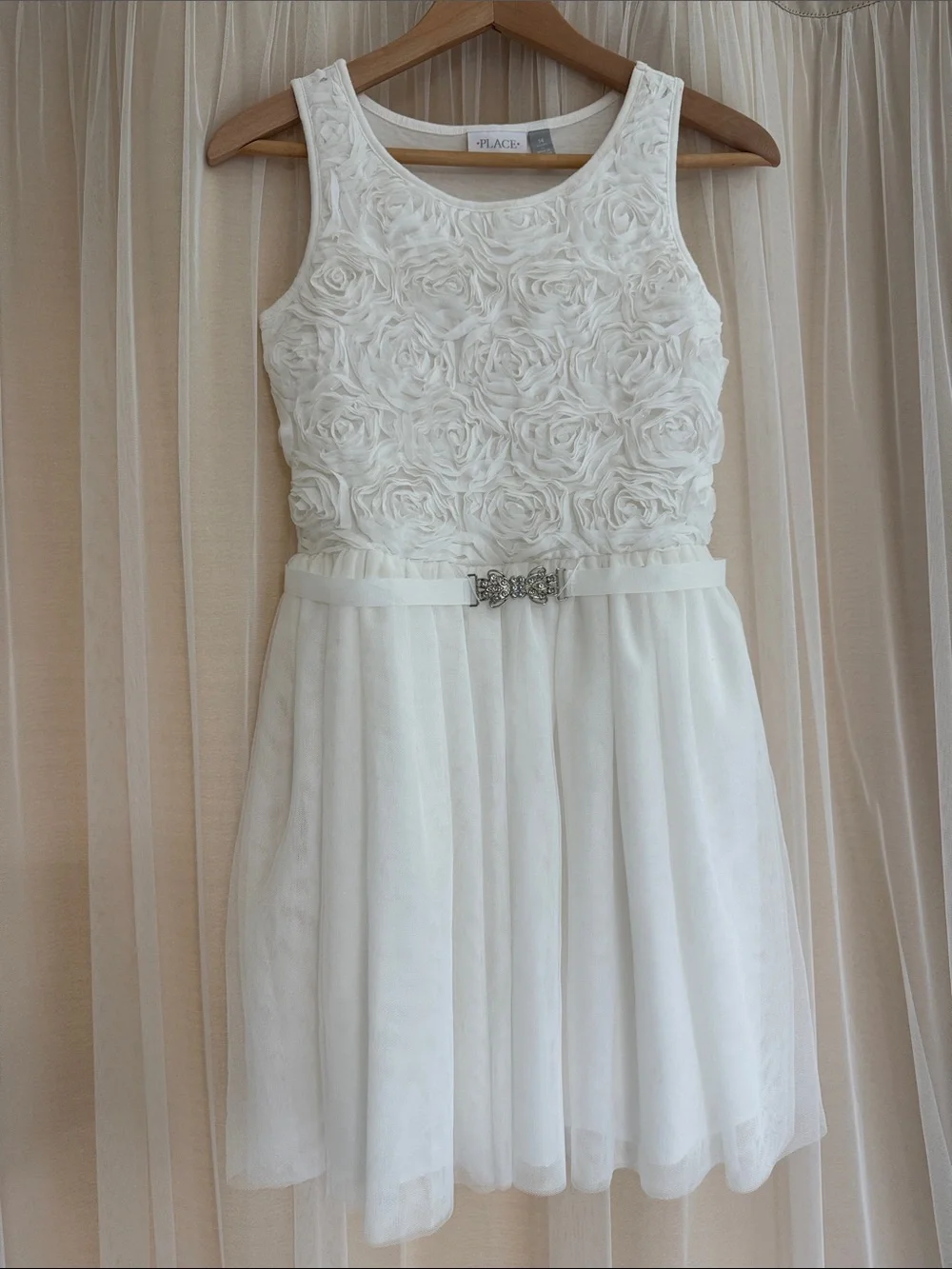 The Children's Place White Rosette Tulle Dress with Rhinestone Belt